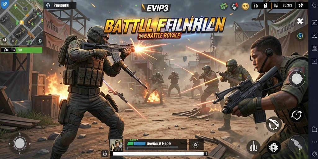 Screenshot gameplay EVIP3 yang menggambarkan pertempuran seru di medan perang.