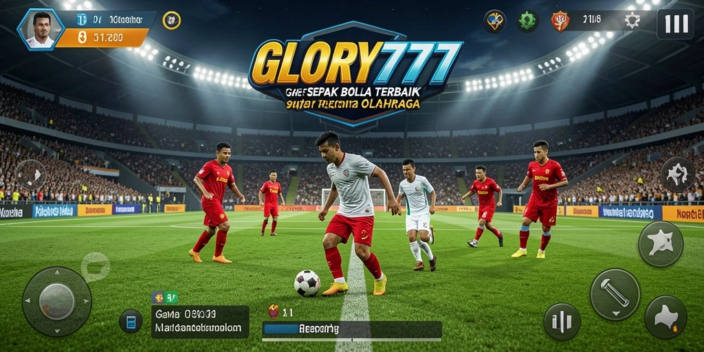 Tampilan gameplay GLORY777 yang intens dengan aksi sepak bola seru.