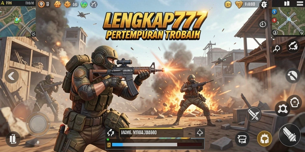 Tangkapan layar gameplay LENGKAP777 menampilkan aksi seru dalam pertempuran Battle Royale.