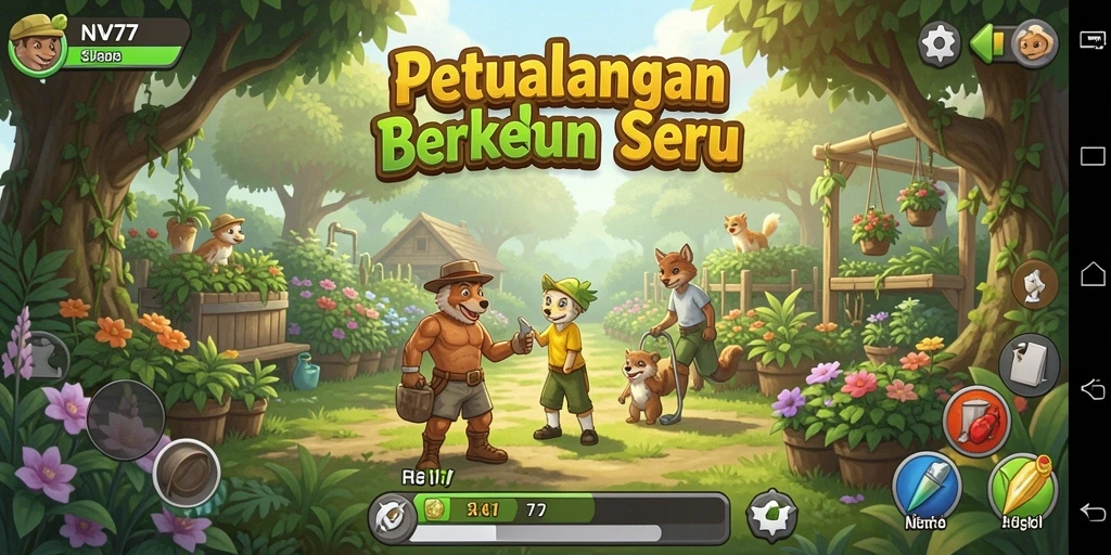 Tangkapan layar game NV77 menampilkan aktivitas berkebun yang penuh warna.