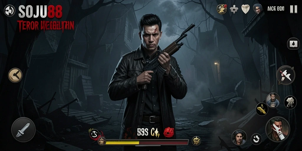 Screenshot menunjukkan momen menyeramkan dalam gameplay SOJU88.
